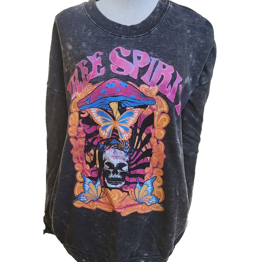 Free Spirit Sweatshirt Marbled Black NOBO Size L Boho Skull Hippie